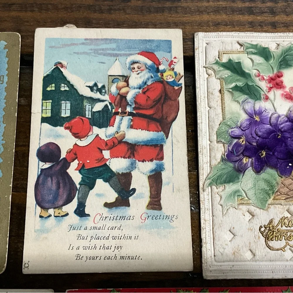 Antique Lot of 8 Christmas Holiday Postcards Santa Flowers Scrapbooking